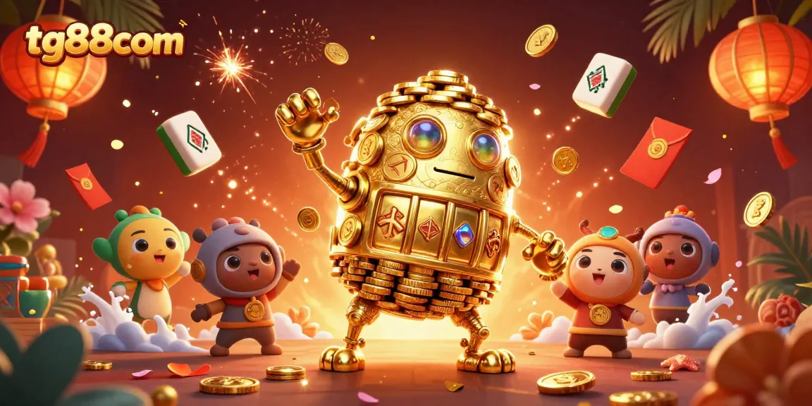 Spin and win at tg88com with the ancient golden golem amidst vibrant casino elements.