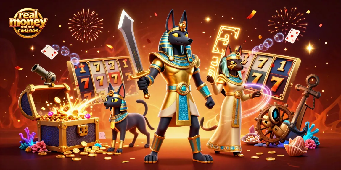 Experience thrilling adventures at real money online casinos with Anubis and Bastet amidst vibrant casino elements.