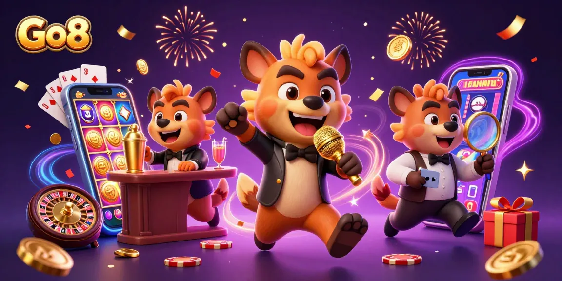 Go8 draws players into an exciting casino scene filled with colorful slot games and lively characters.