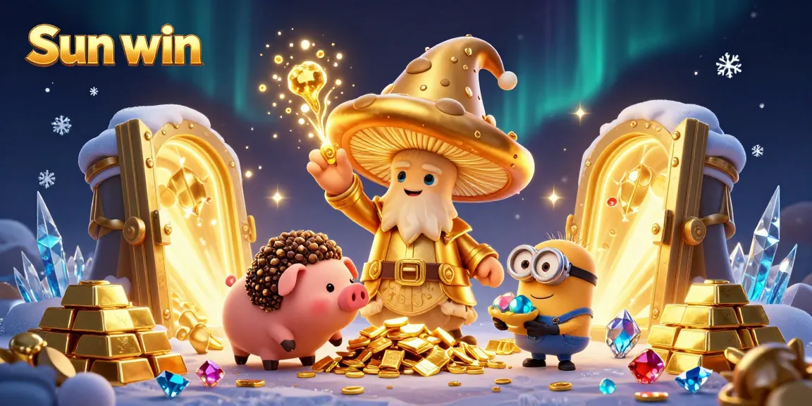 Engage with the vibrant world of Sun win, showcasing a golden mushroom wizard and treasure amidst dazzling 3D casino elements.