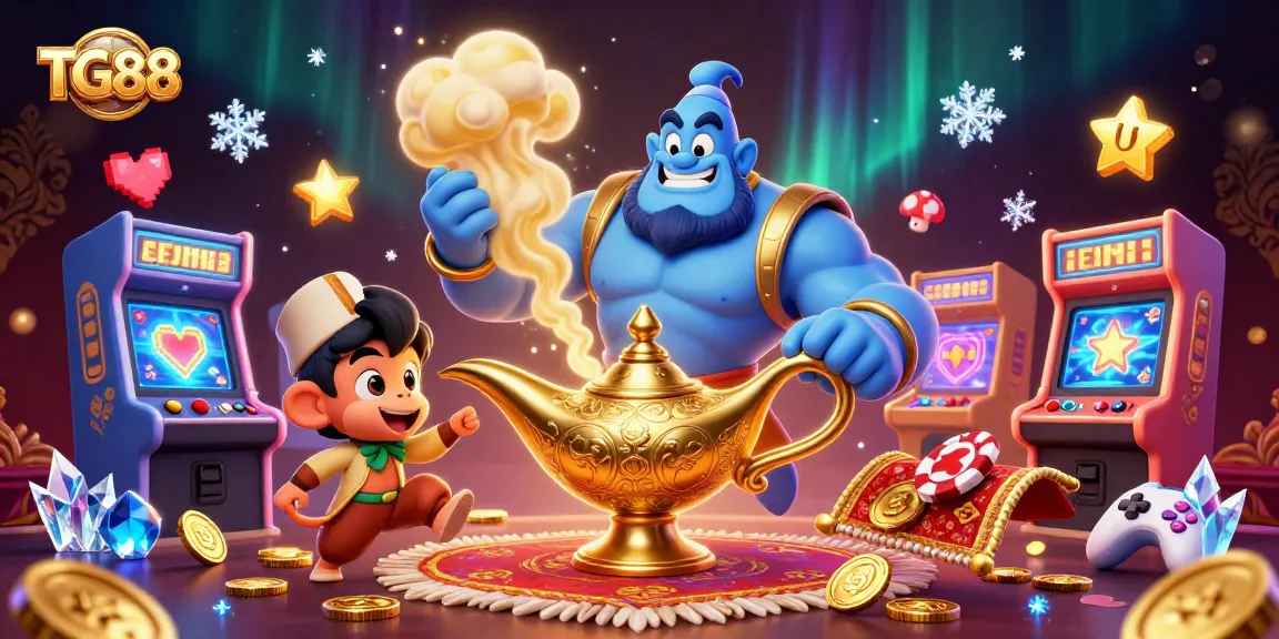 Engage with TG88's vibrant casino universe featuring a blue genie and playful elements.