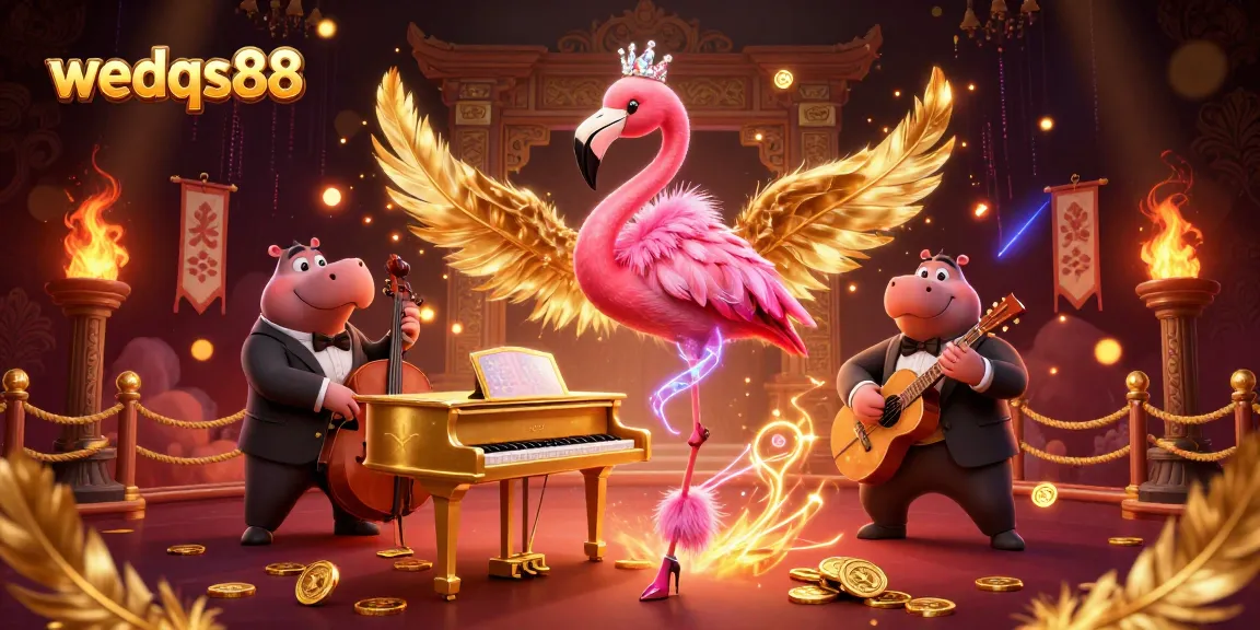 Spin to win with wedqs88 in a vibrant casino scene featuring a flamingo singer and a hippo bassist.
