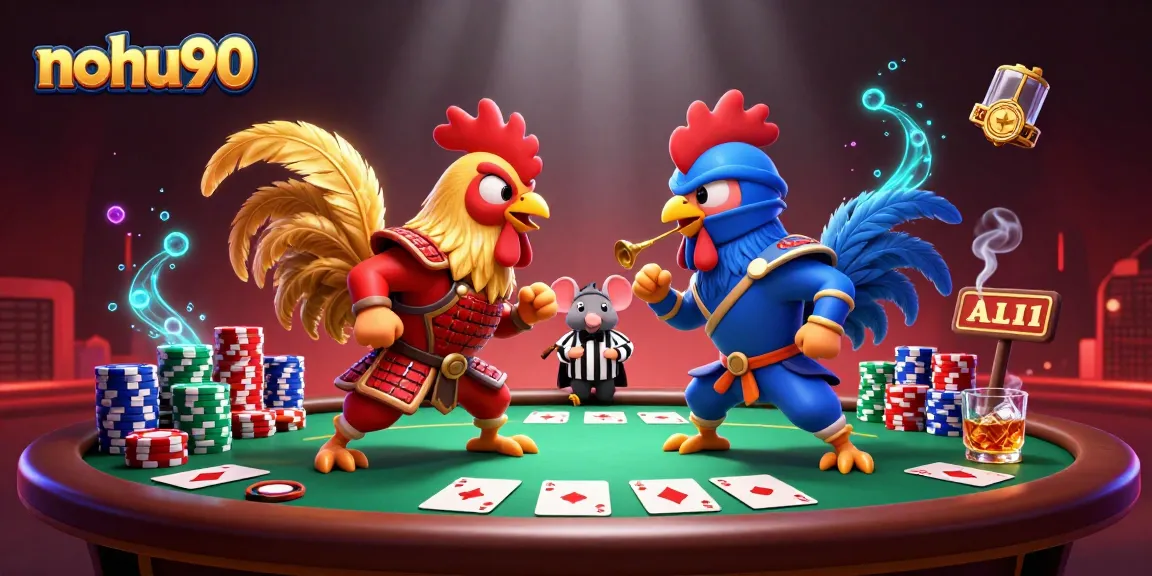 Experience the thrill of nohu90 as roosters battle at a vibrant poker table amidst glowing casino elements