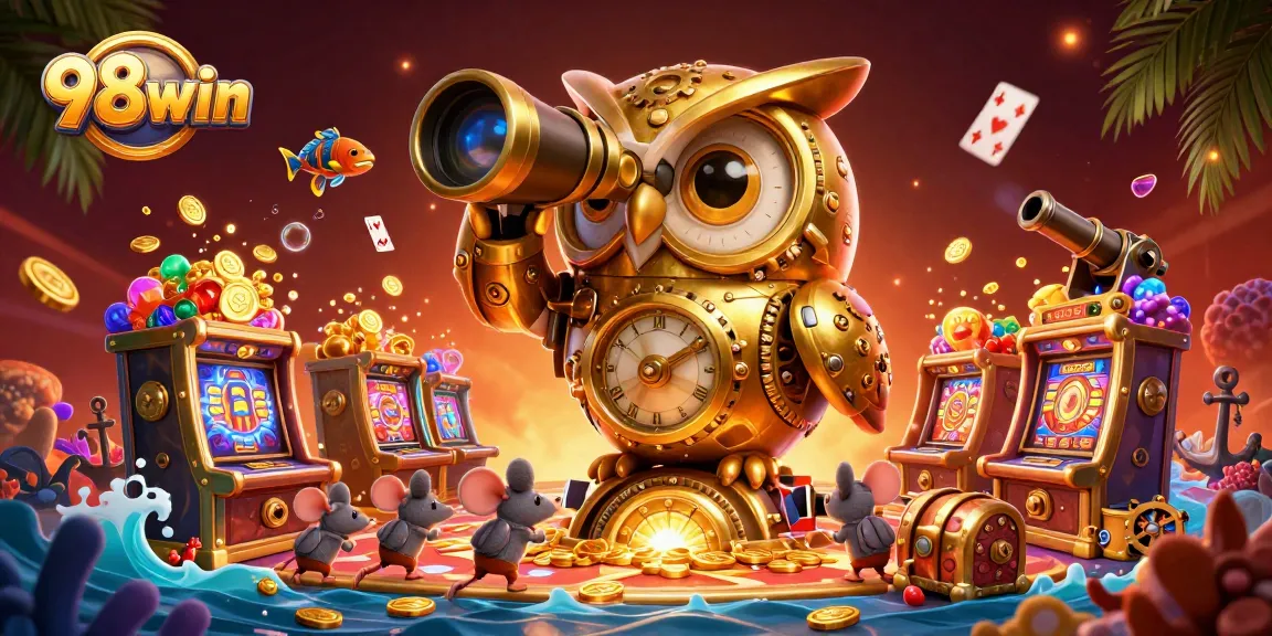 Experience exciting gaming at 98win with vibrant scenes featuring a clockwork owl and treasure.